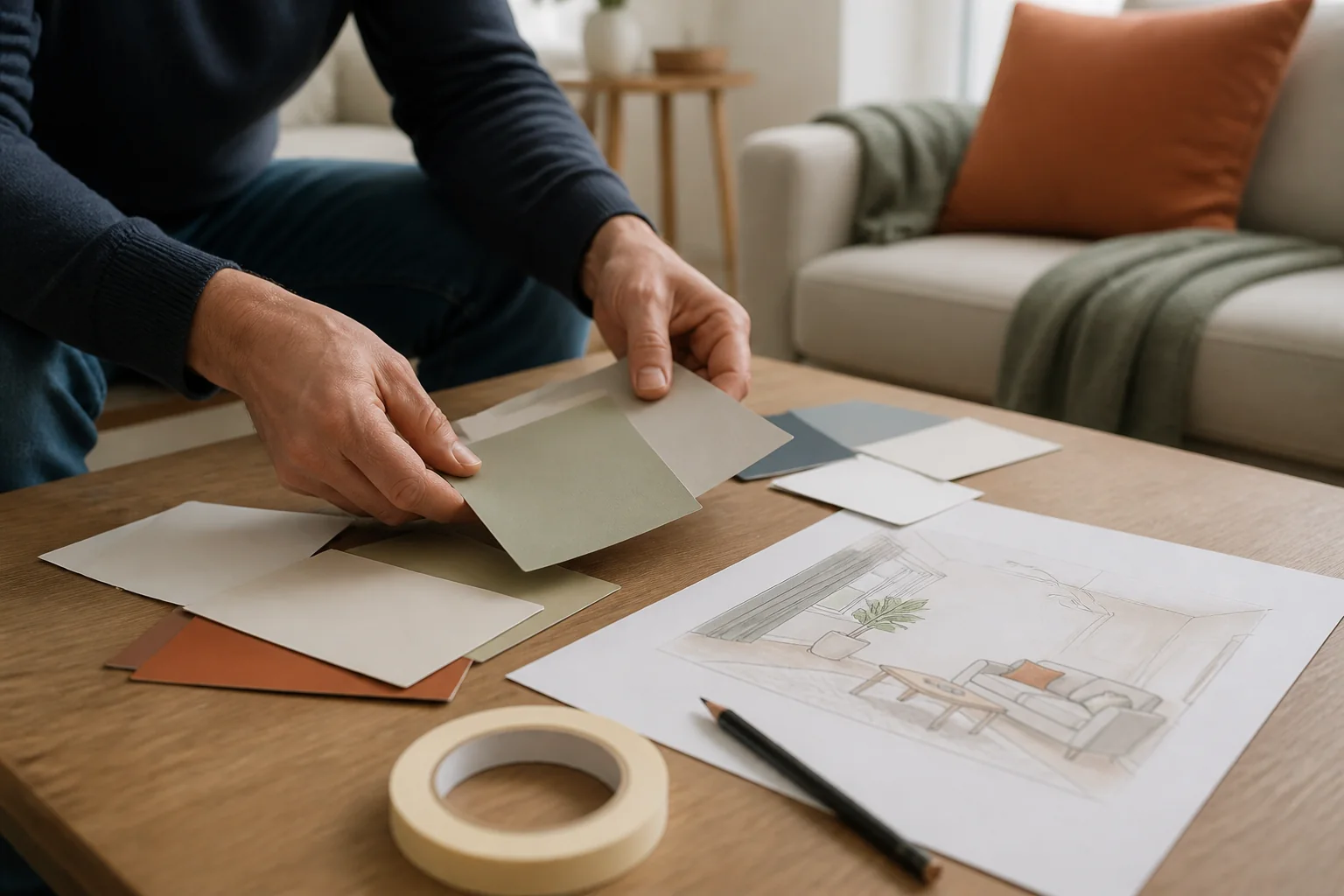 A homeowner comparing paint colours with a room sketch