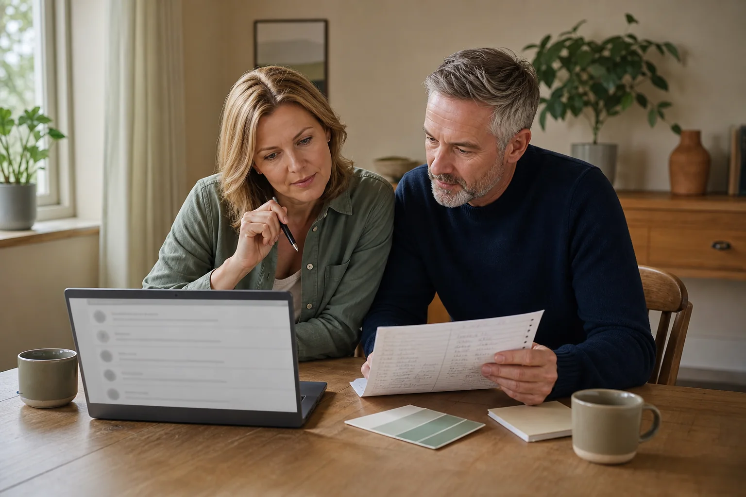 Two homeowners comparing decorating responses on a laptop
