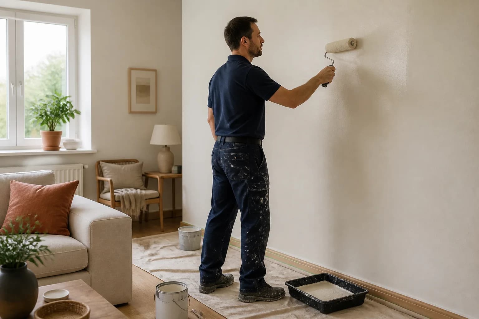 A professional painter applying fresh paint to a living-room wall
