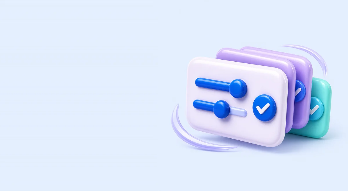 Glossy 3D survey match cards with sliders and checks